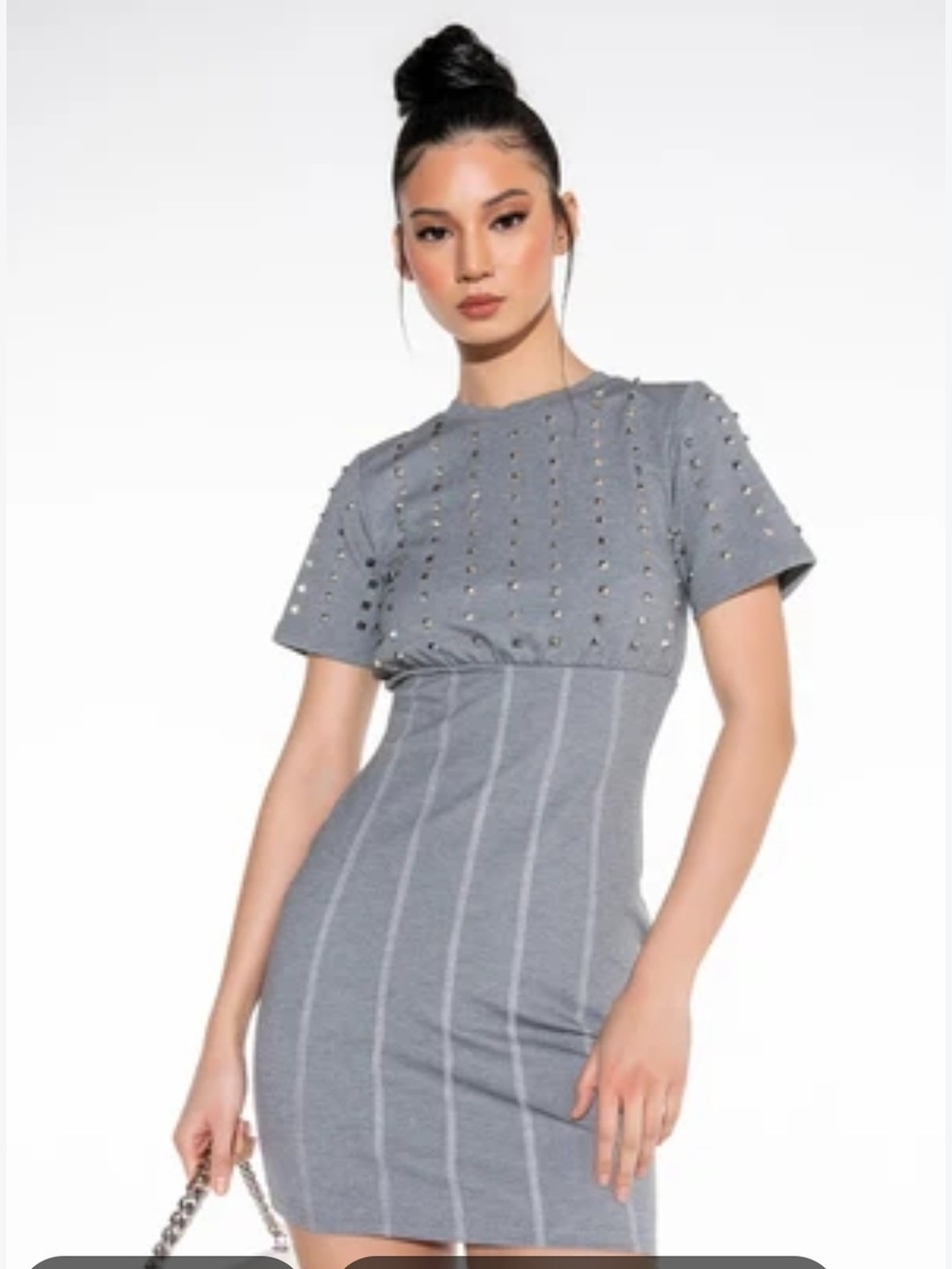 AKIRA Gray Studded Short Sleeve Bodycon Mini Dress